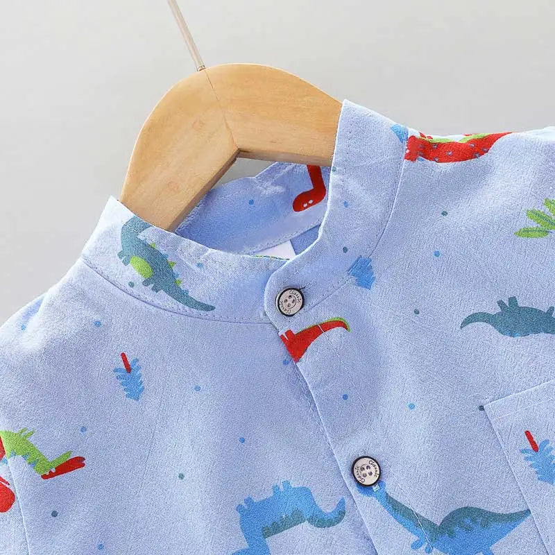 Cartoon Dinosaur Stand-Up Collar Shirt Set